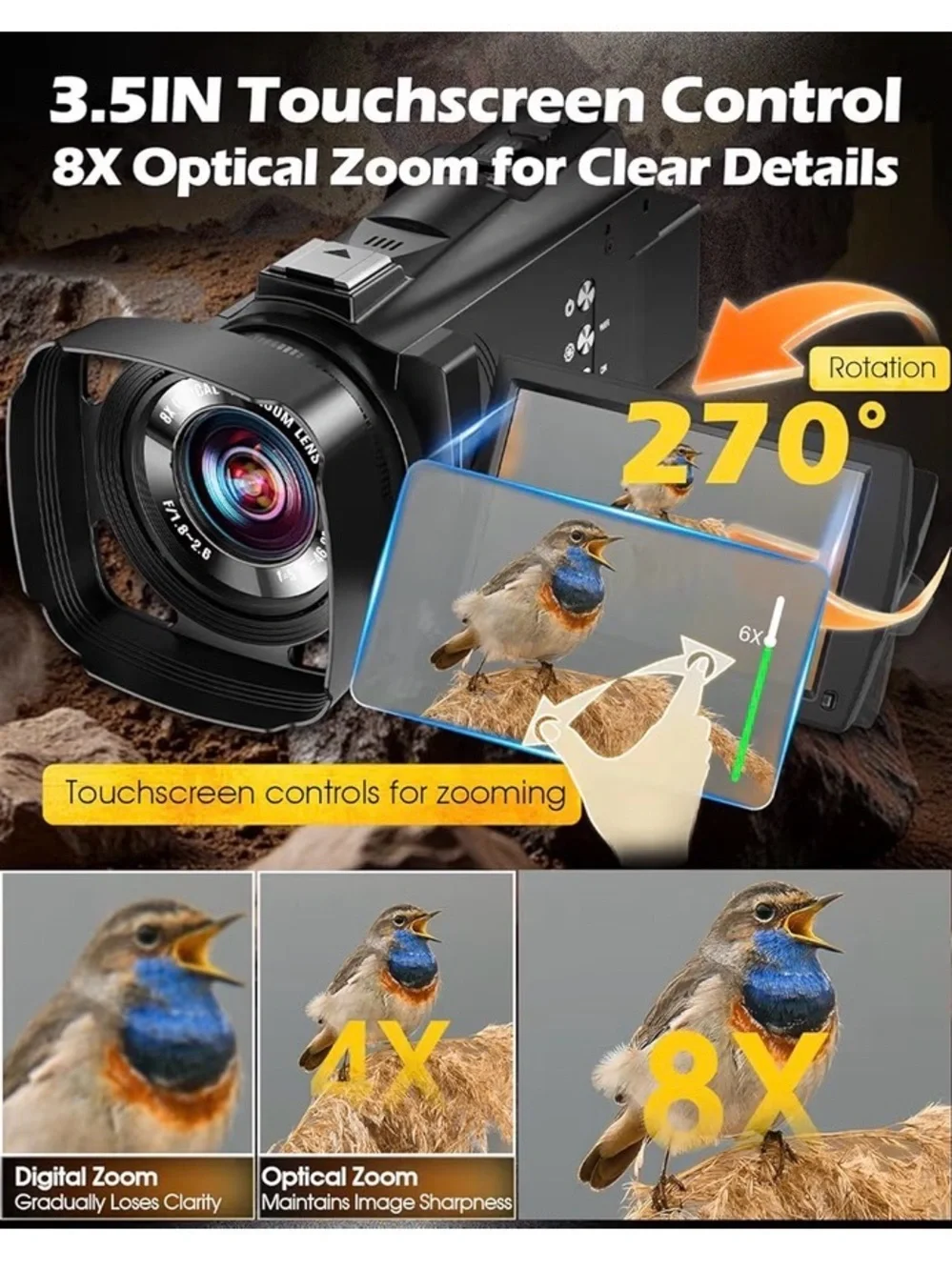 5K 8X Optical Camcorder with External Microphone - Black